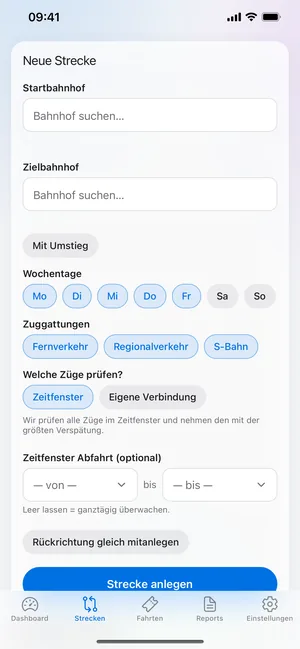 Strecke mit Start, Ziel und Zeitfenster anlegen
